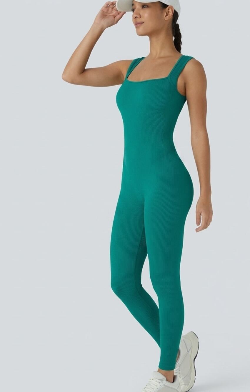 Halara Seamless Flow Square Neck XL Sleeveless 7/8 Yoga Jumpsuit NWT Ribbed Blue